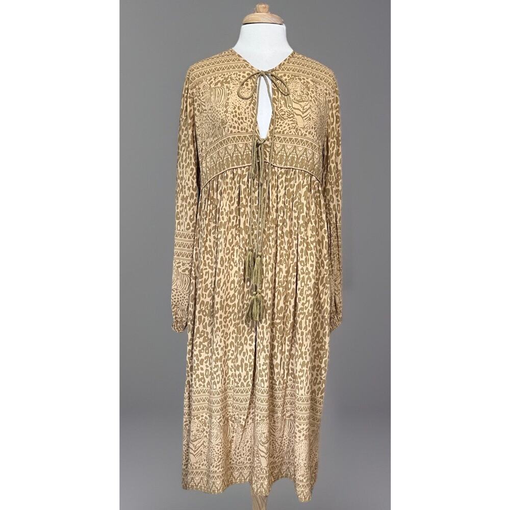 R Vivimos Womens XL Dress Tan Tassel Tie Leopard Tiger Boho Peasant Flowy Safari